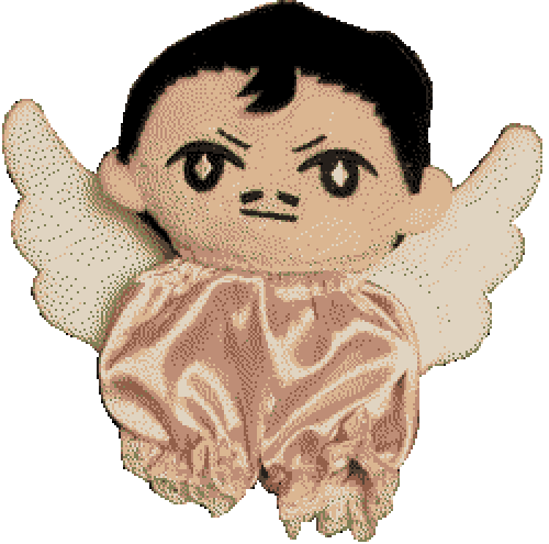 plushie of a guy with a weird little moustache and angel wings